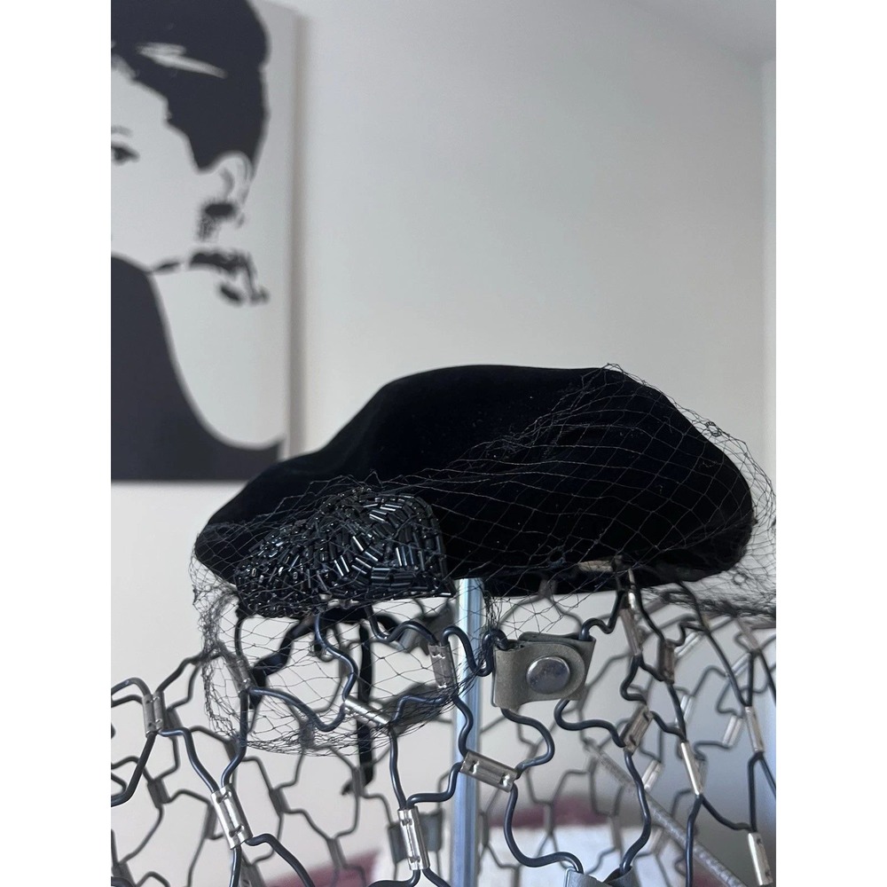 Vintage Black Velvet Pillbox Hat with Netting Beaded Detail Polka Dot Lining